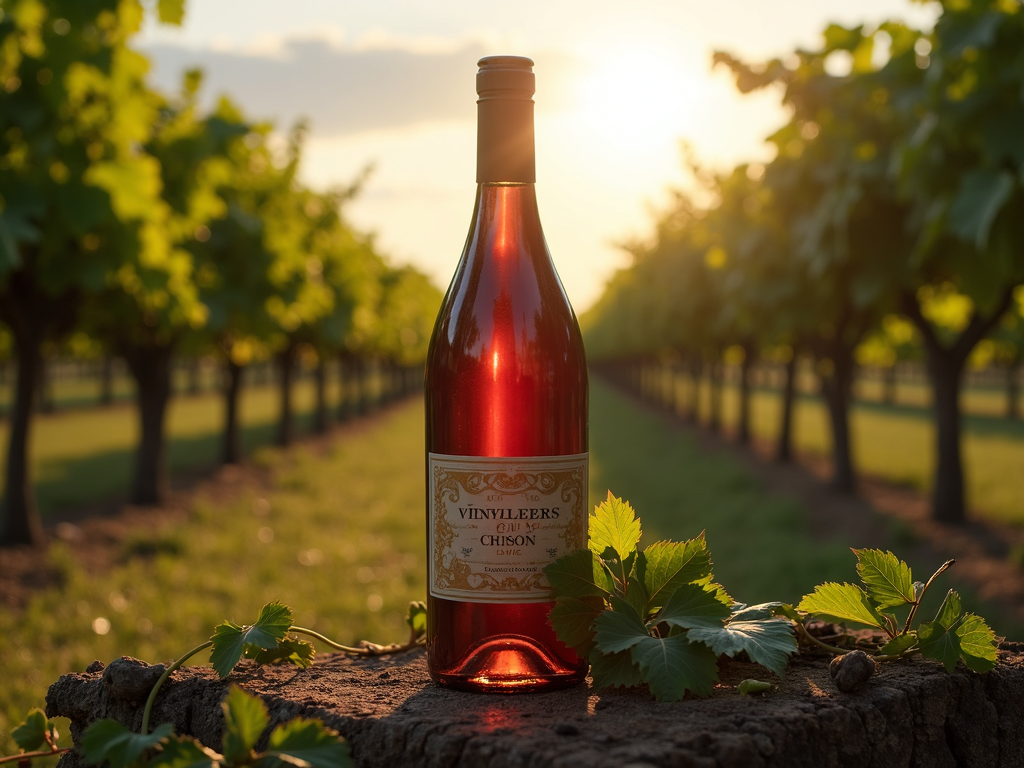A exquisite bottle of Jackson Family wine against a scenic vineyard backdrop, representing quality.