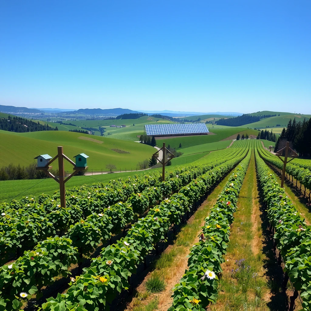 Aerial view of sustainable vineyards in Sonoma County with solar panels and owl boxes