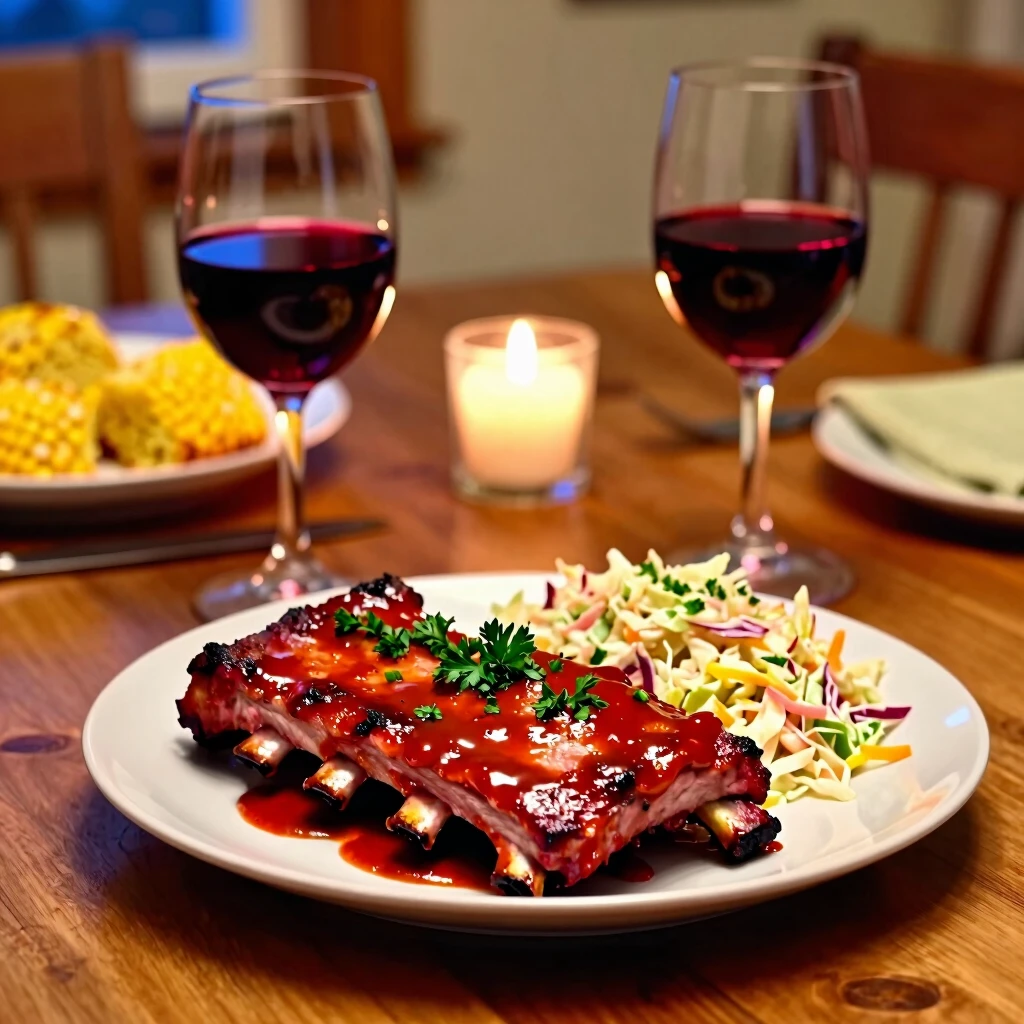 Barbecued ribs served with glasses of Zinfandel