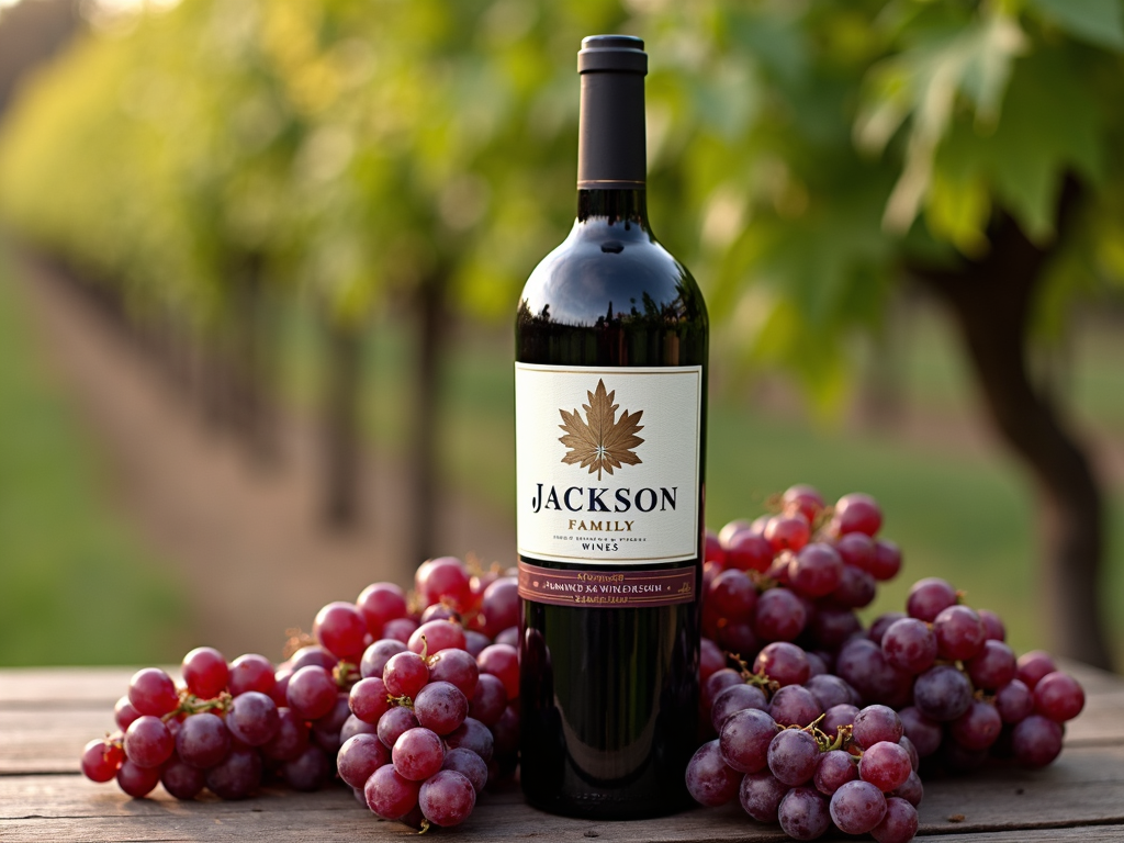 The bottle of Jackson Family Wines on a rustic wooden table.