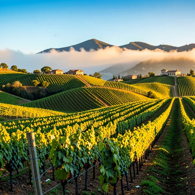 Stunning aerial view of Napa Valley vineyards at sunset