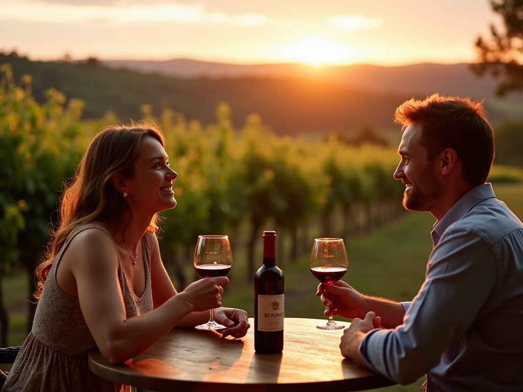 Couple enjoying Beringer Merlot at vineyard patio