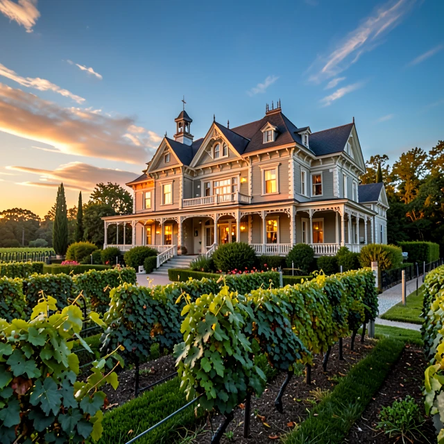The beautiful Rhine House at Beringer Vineyards surrounded by gardens and vineyards at sunset