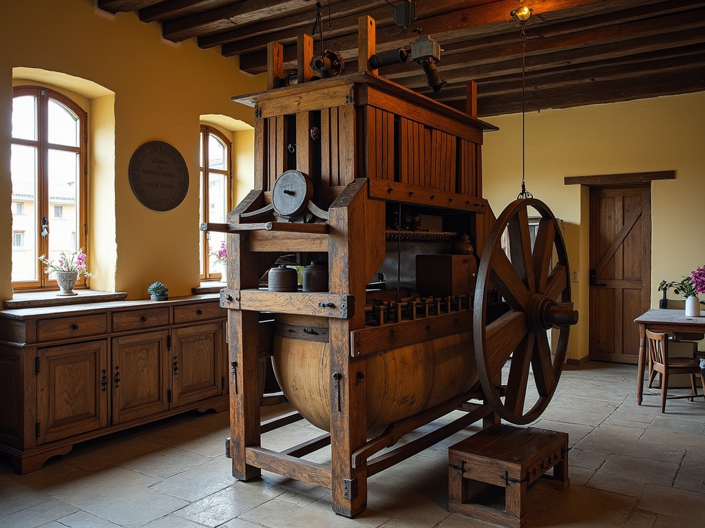 Renaissance wooden wine press in operation