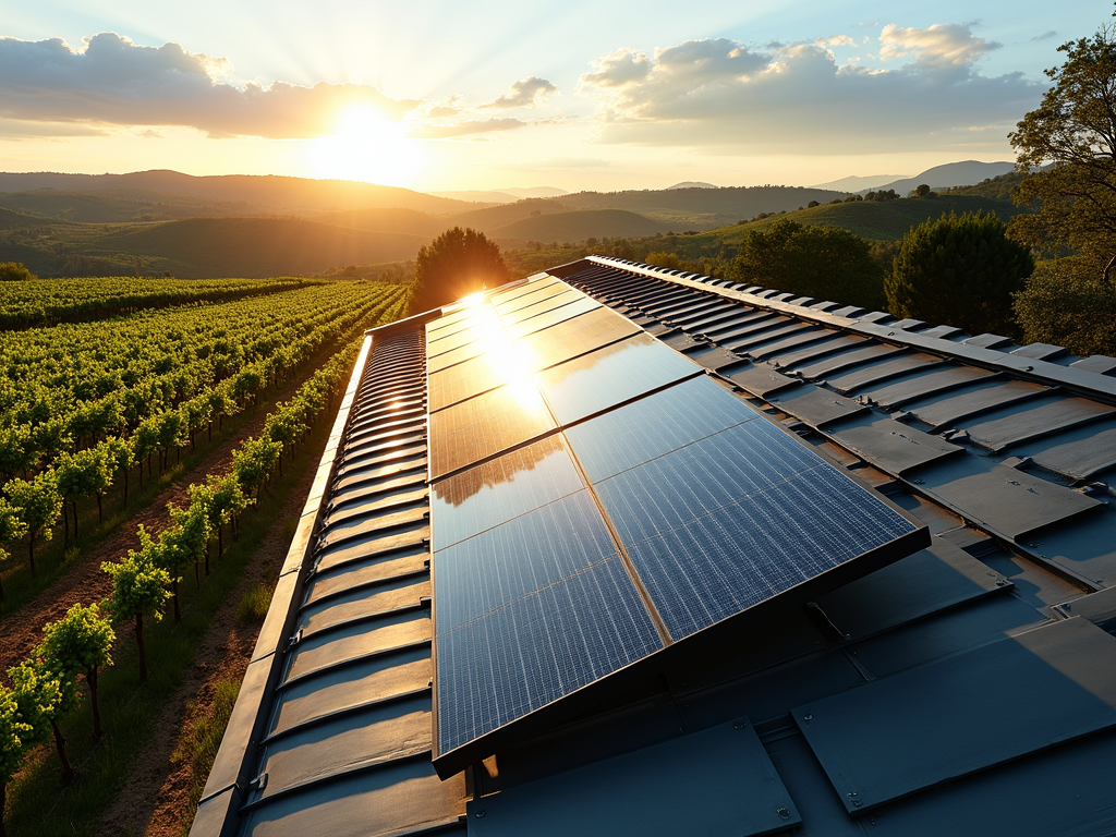 Solar panels on the roof of a winery, reflecting the commitment to sustainability.