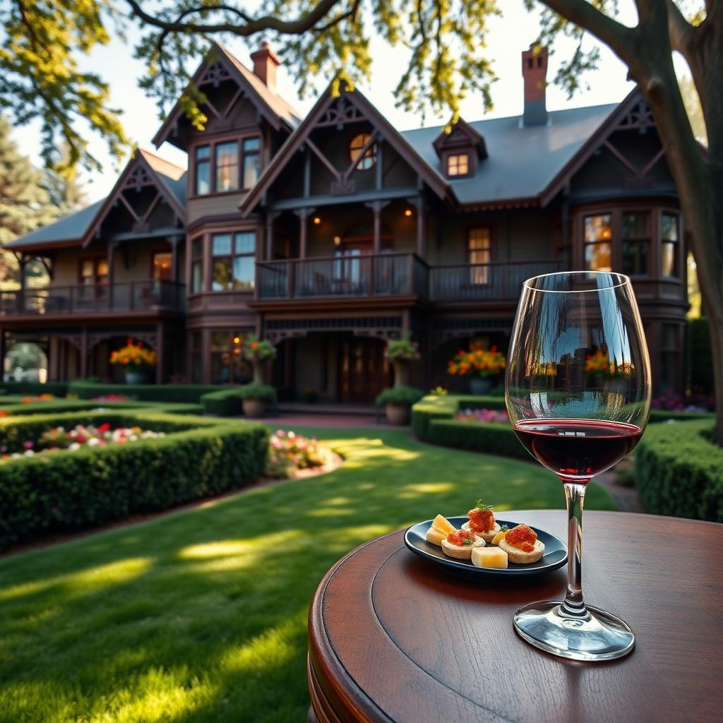 The Rhine House at Beringer Vineyards with a wine tasting setup in the foreground