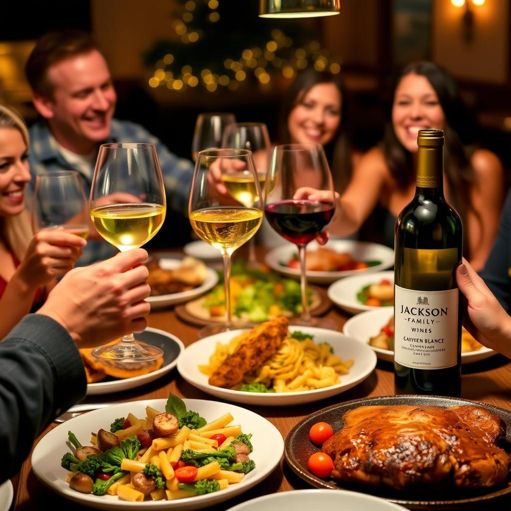A festive dinner party with friends toasting Jackson Family Wines, surrounded by colorful dishes and warm lighting.