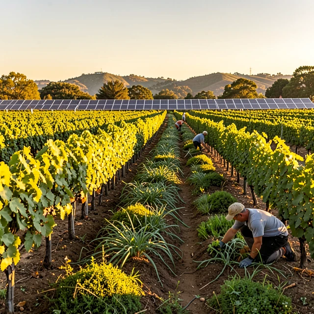 Regenerative vineyard with cover crops and solar energy in California