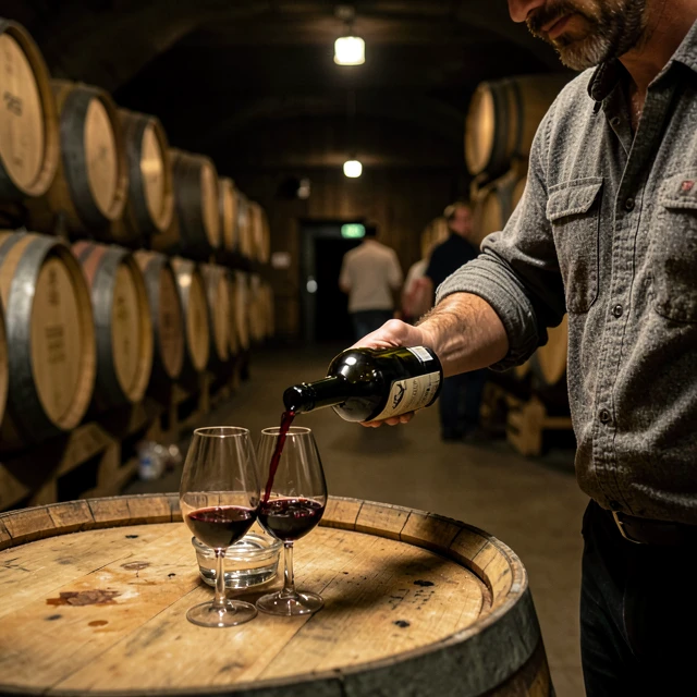 Winemaker demonstrating Beringer wine production process in oak barrel cellar