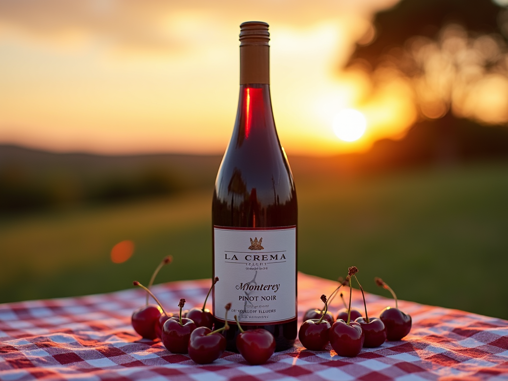Bottle of La Crema Monterey Pinot Noir, paired with cherries at sunset.