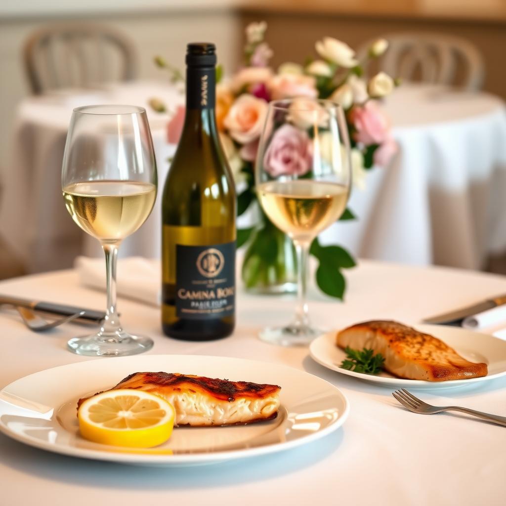 A dining table with a bottle of white wine, two glasses, and a plate of grilled salmon with a lemon garnish.