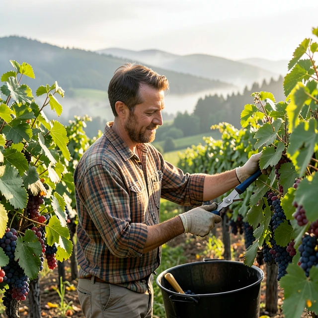 Winemaker checking Pinot Noir grapes in Oregon's Willamette Valley, part of Jackson Family Wines' portfolio