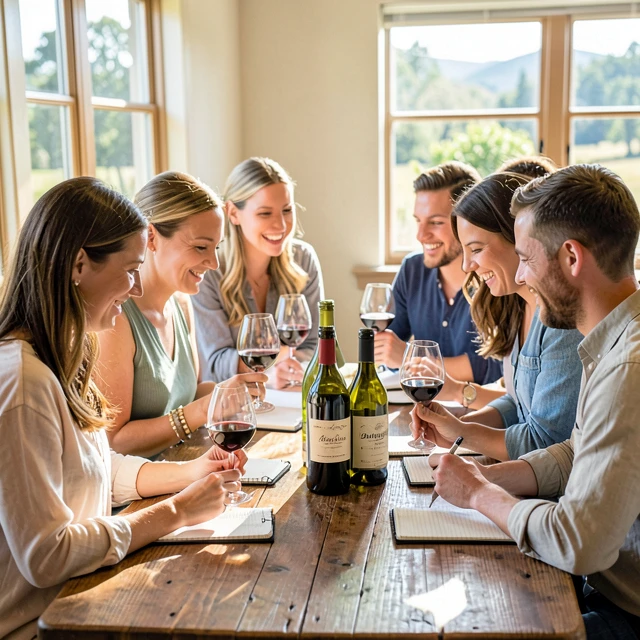 Group of beginners practicing wine tasting etiquette in a sunny tasting room