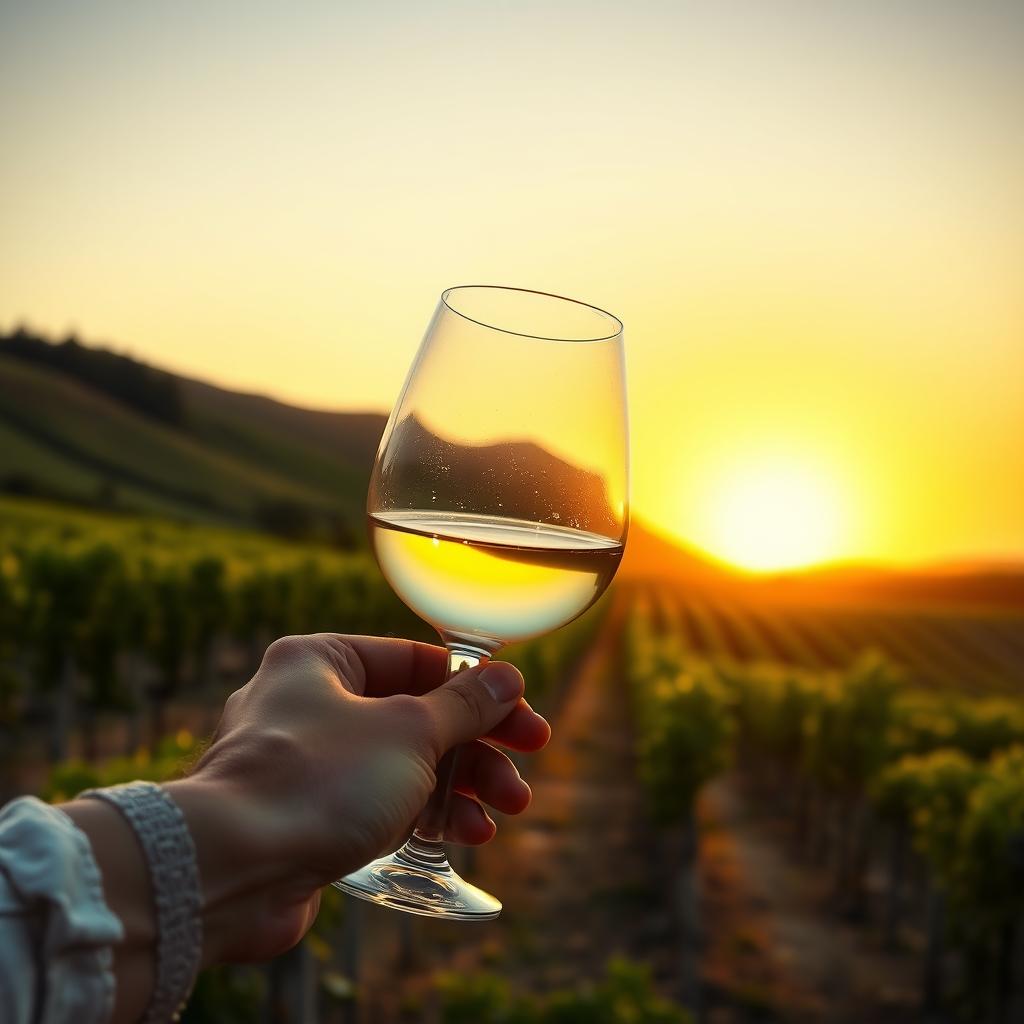 Person swirling white wine in a glass with a vineyard at sunset in the background