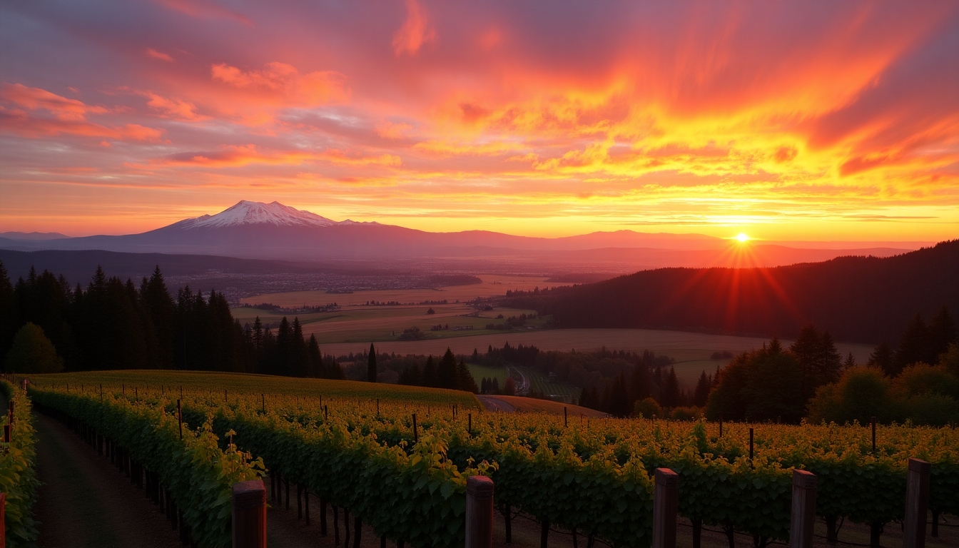 Scenic view of Willamette Valley with vineyards and mountains.
