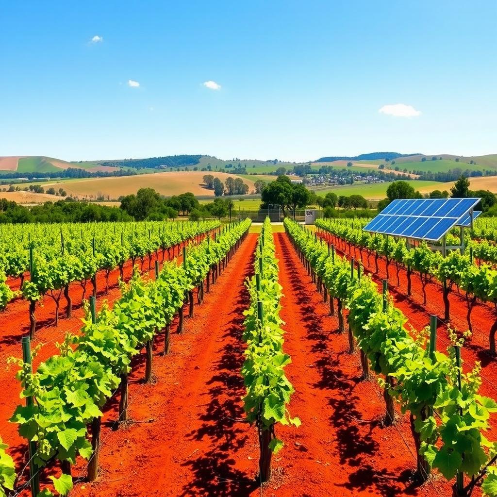 Sustainable McLaren Vale vineyard with Grenache vines, solar panels, and rainwater capture