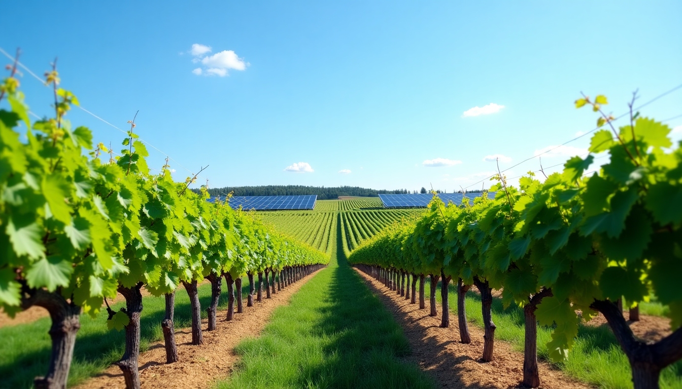 Sustainable practices in a vineyard with solar panels visible, illustrating eco-friendly winemaking.