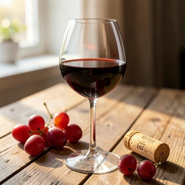 Glass of red wine with grapes on a wooden table