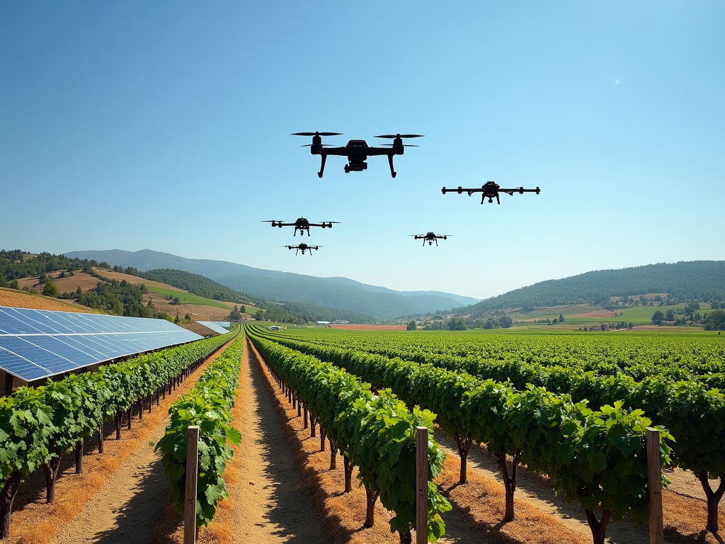 Drones and solar panels in a Jackson Family Wines vineyard.