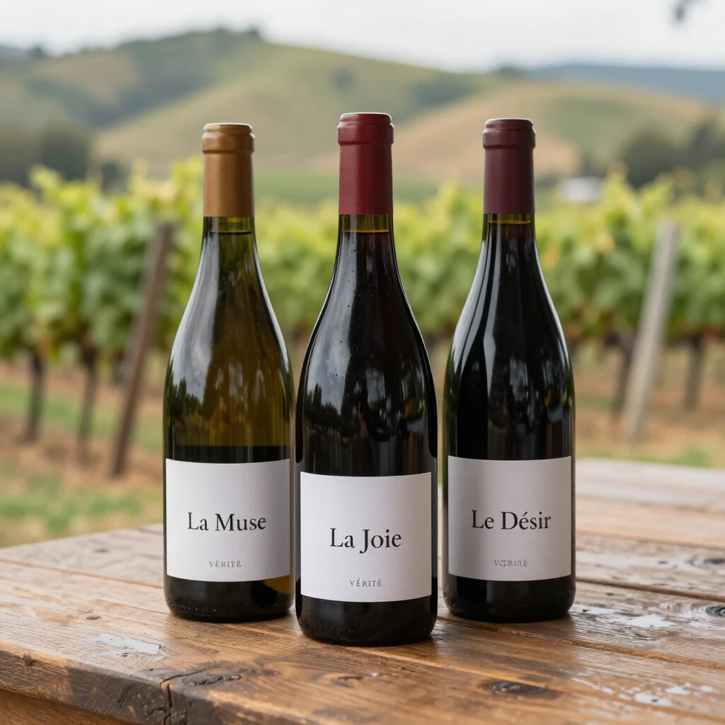 Three bottles of Vérité wines: La Muse, La Joie, and Le Désir on a wooden table overlooking Sonoma vineyards