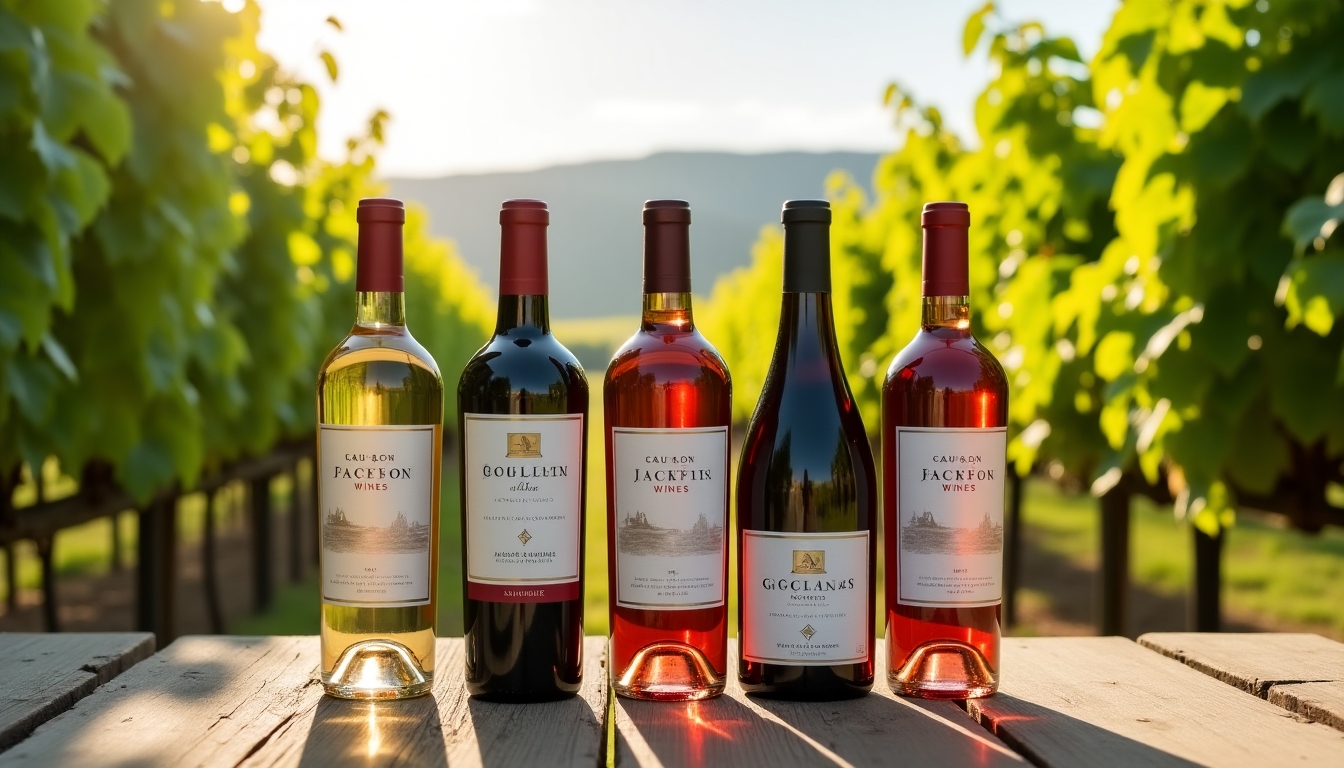 A collection of Jackson Family Wines bottles arranged elegantly against a vineyard backdrop.