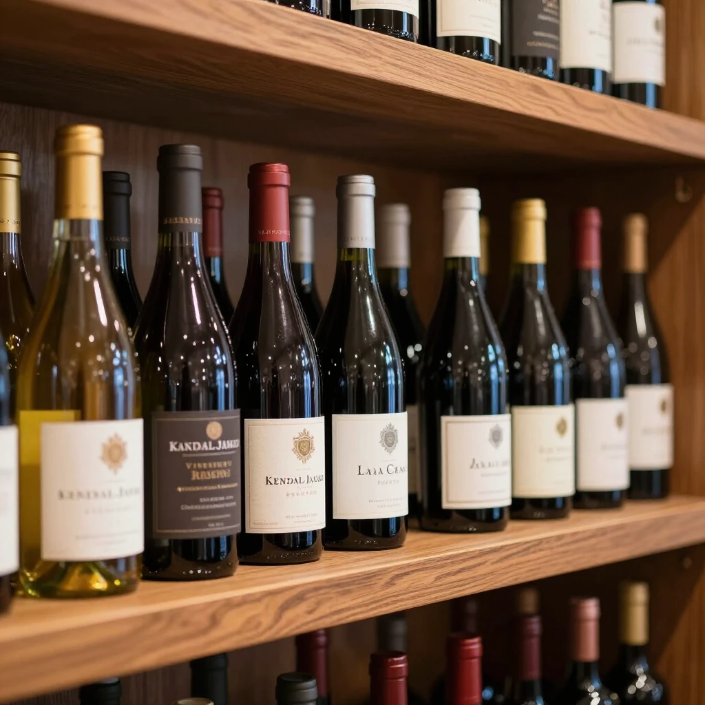 Display of Jackson Family Wines bottles on a wooden shelf in a wine shop