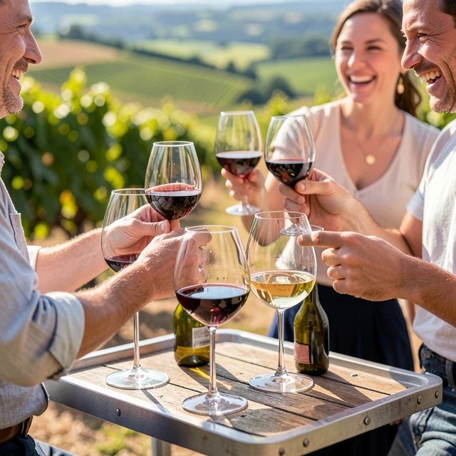 Enjoying wine tastings aboard the Napa Valley Wine Trolley with vineyard views