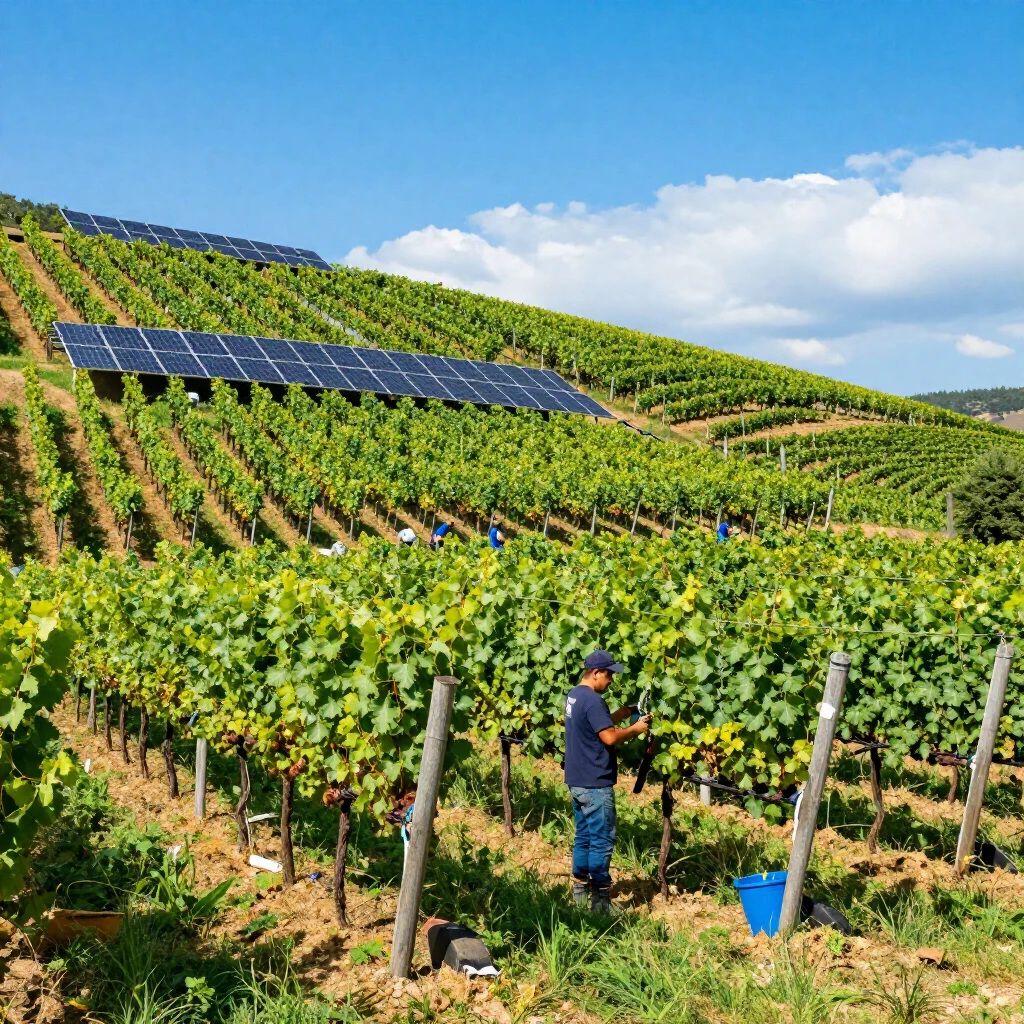 Sustainable vineyard with solar panels and workers pruning vines under a clear sky