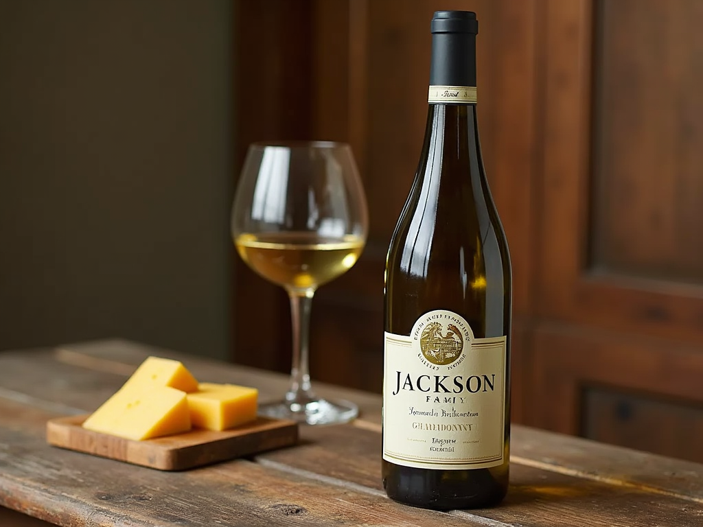 A bottle of Chardonnay with a glass of wine and cheese on a wooden table.