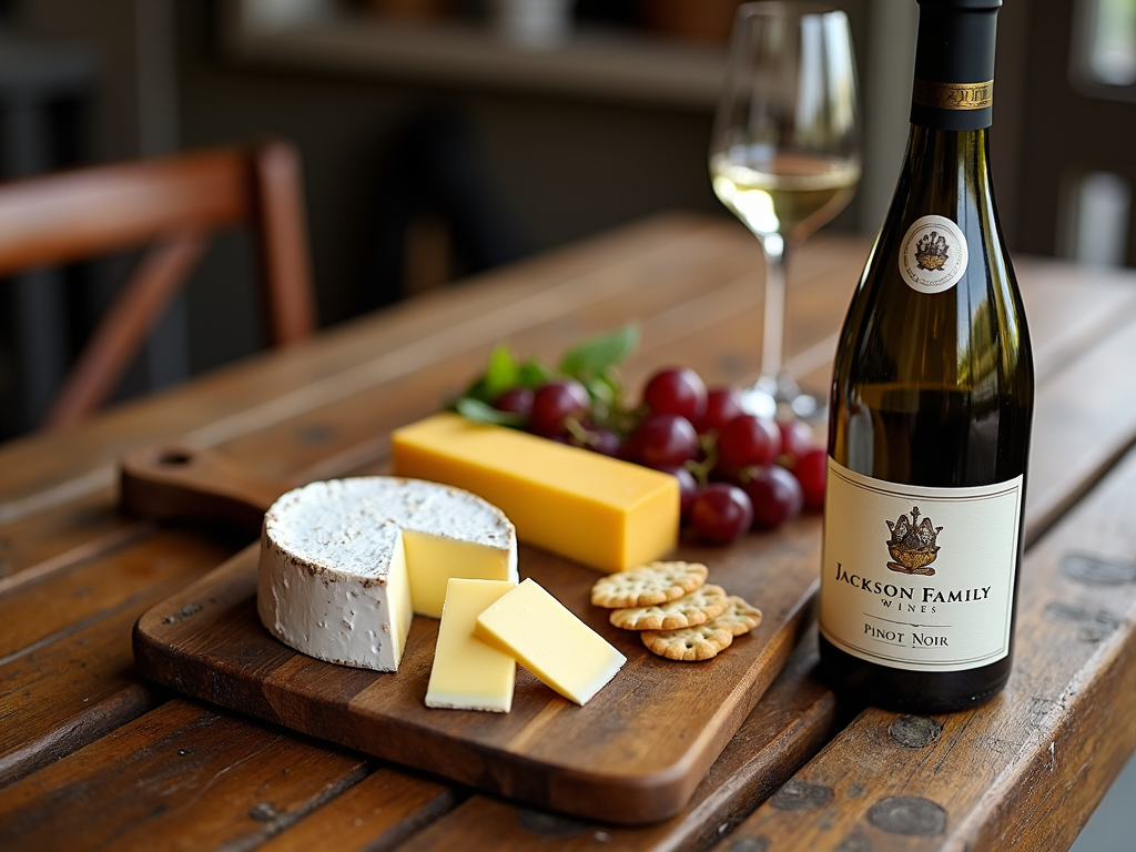 A cozy cheese board paired with Jackson Family Wines’ Pinot Noir on a rustic table.