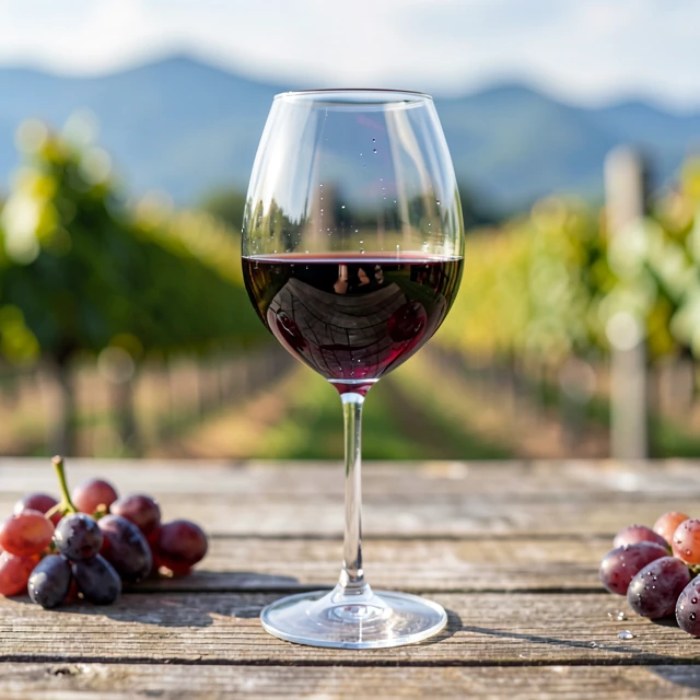 Glass of red wine with scenic vineyard backdrop