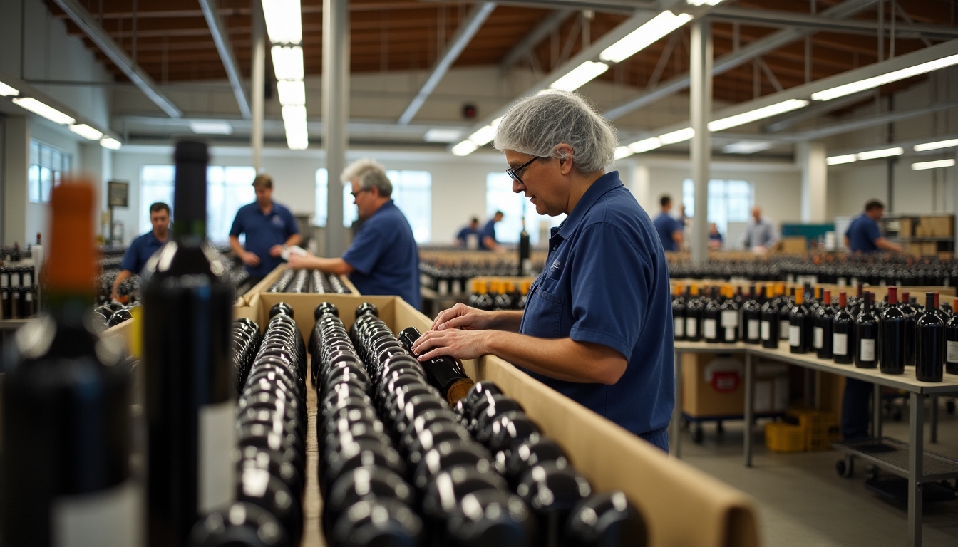 A close-up of wine bottles being labeled in the production line.