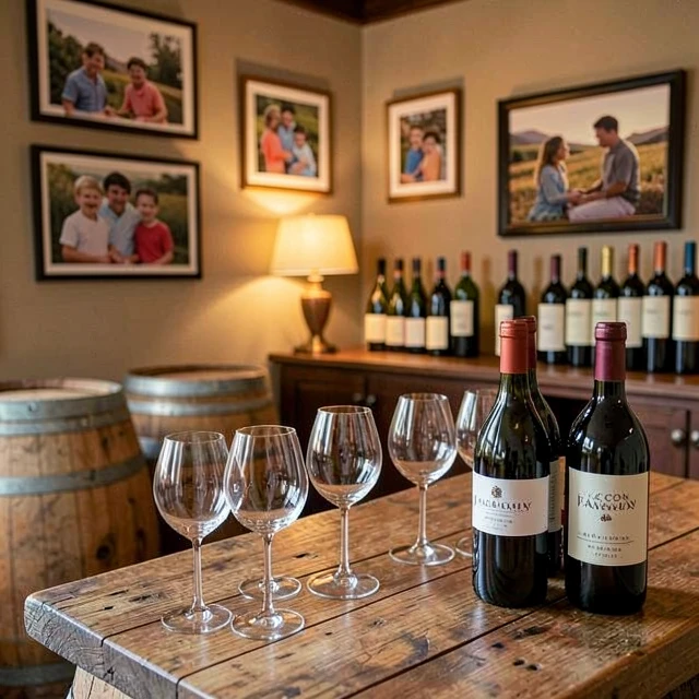 Cozy family winery tasting room with barrels and wine glasses