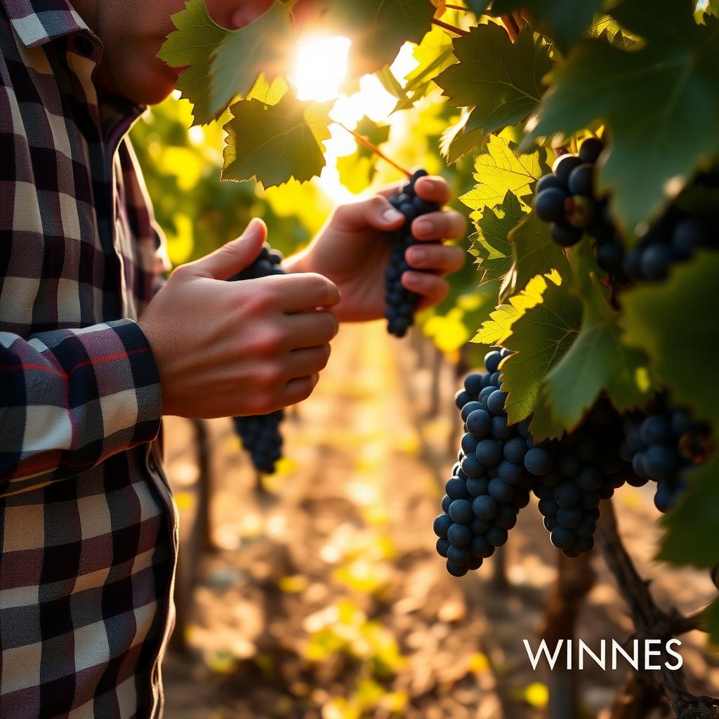 Winemaker in a plaid shirt inspecting ripe purple grapes in a sunlit Jackson Family Wines vineyard.