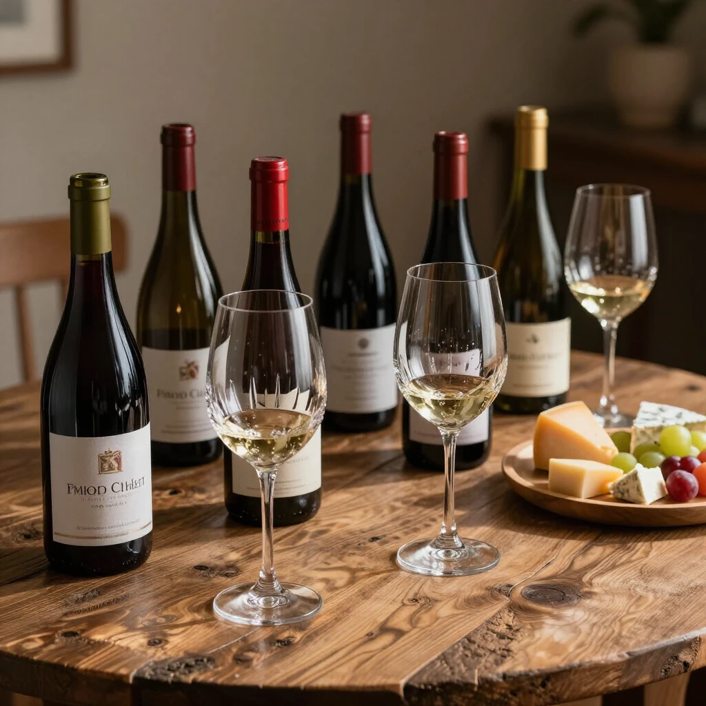 Elegant wine tasting setup with bottles and glasses on a wooden table