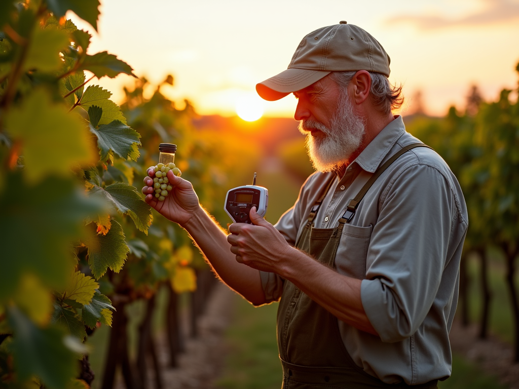 Winemaker inspecting grapes at dawn