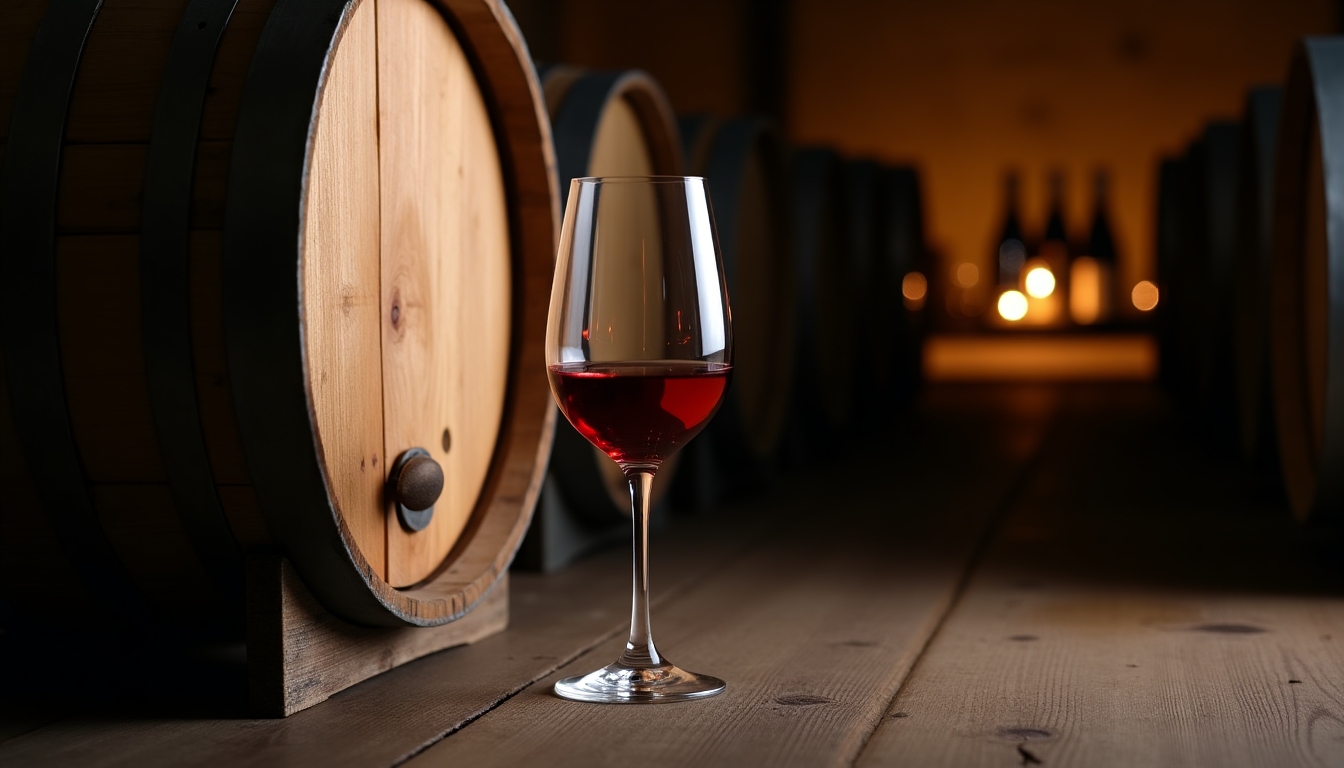 A wine glass next to a wooden barrel in a dimly lit wine cellar, symbolizing the aging process of Jackson Family Wines.