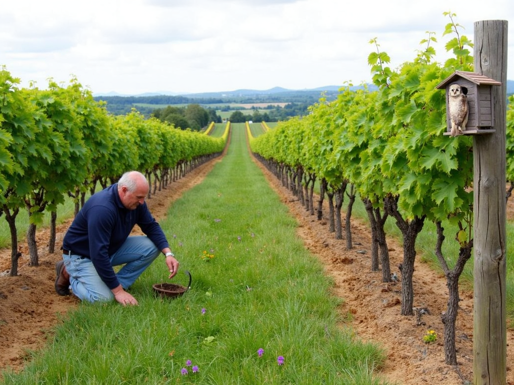 Winemaker inspecting a sustainable vineyard with cover crops and owl box.