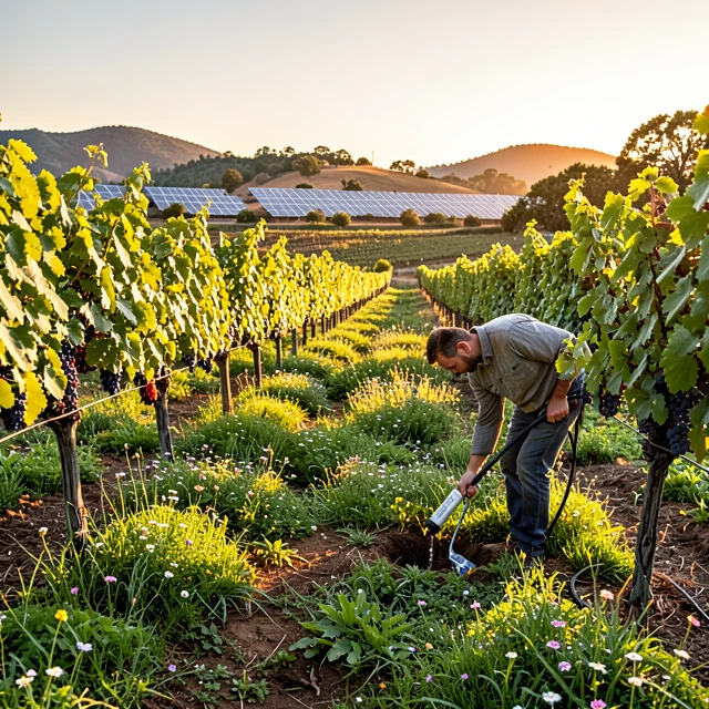 Sustainable vineyard showcasing cover crops and renewable energy in modern winemaking