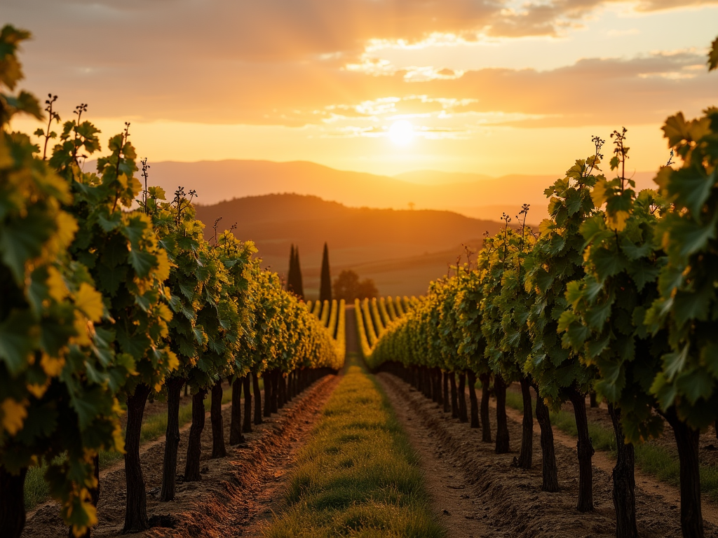 Sunset over a vineyard