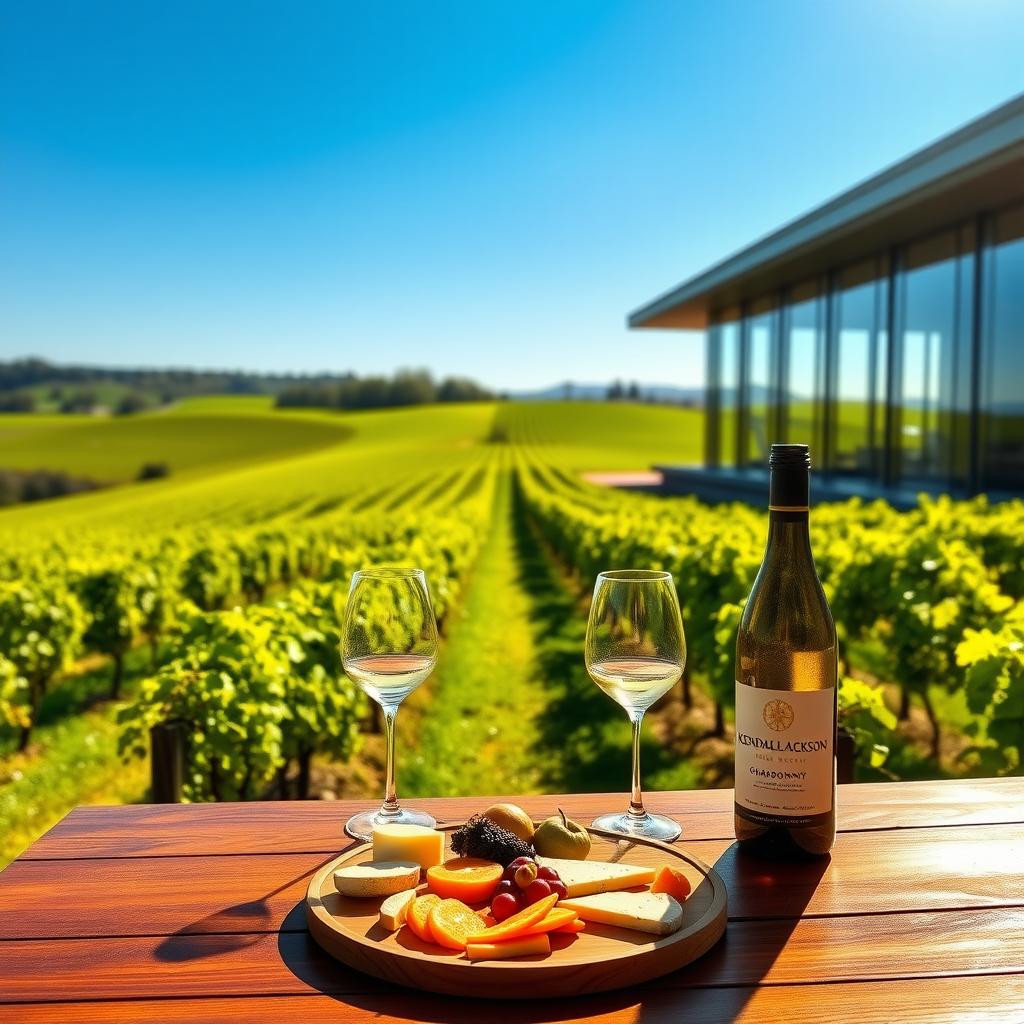 Kendall-Jackson Wine Estate with rows of grapevines, a modern tasting room, and a table set with wine and cheese under a clear blue sky.