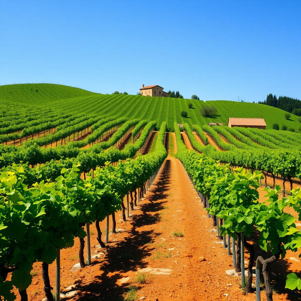 Tuscan hillside vineyard with Sangiovese grapevines and clay-limestone soil under a clear sky.