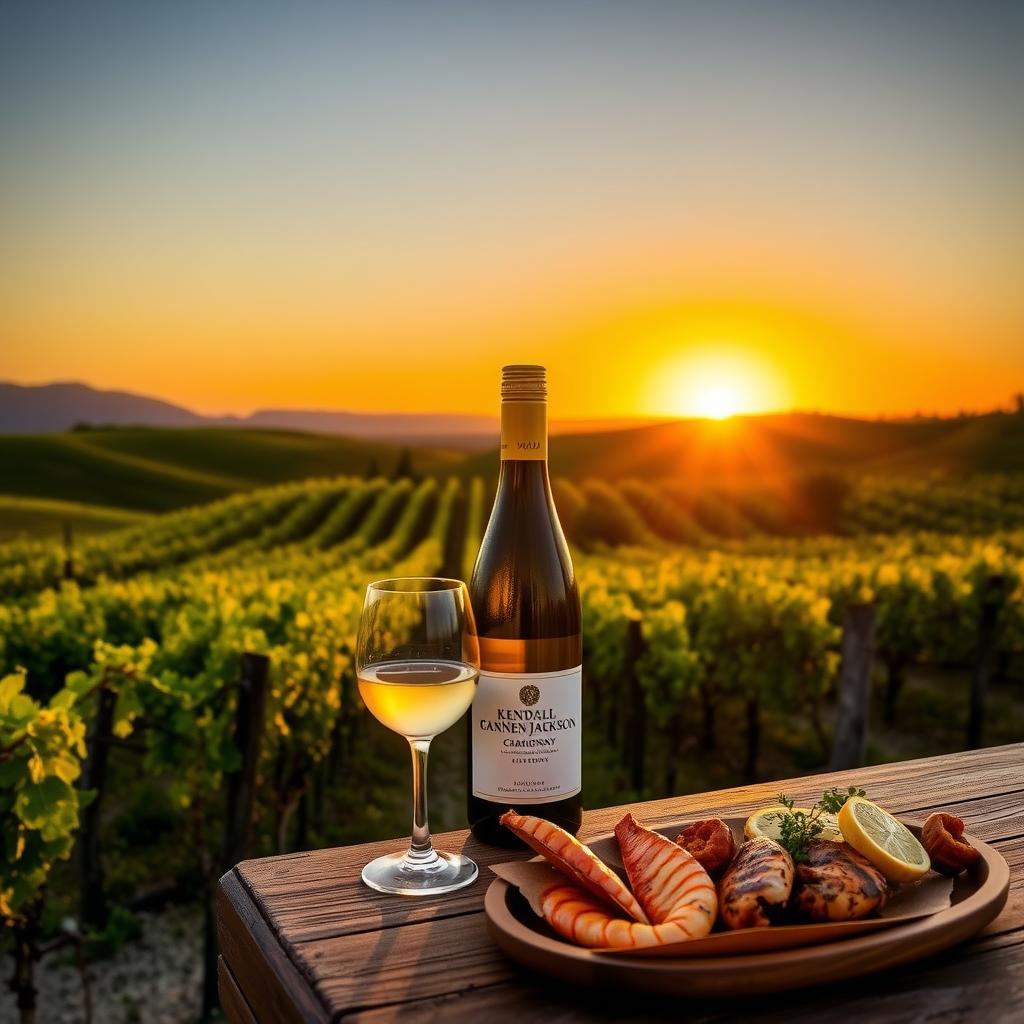 Sunset vineyard with a table displaying Kendall-Jackson Chardonnay and grilled seafood