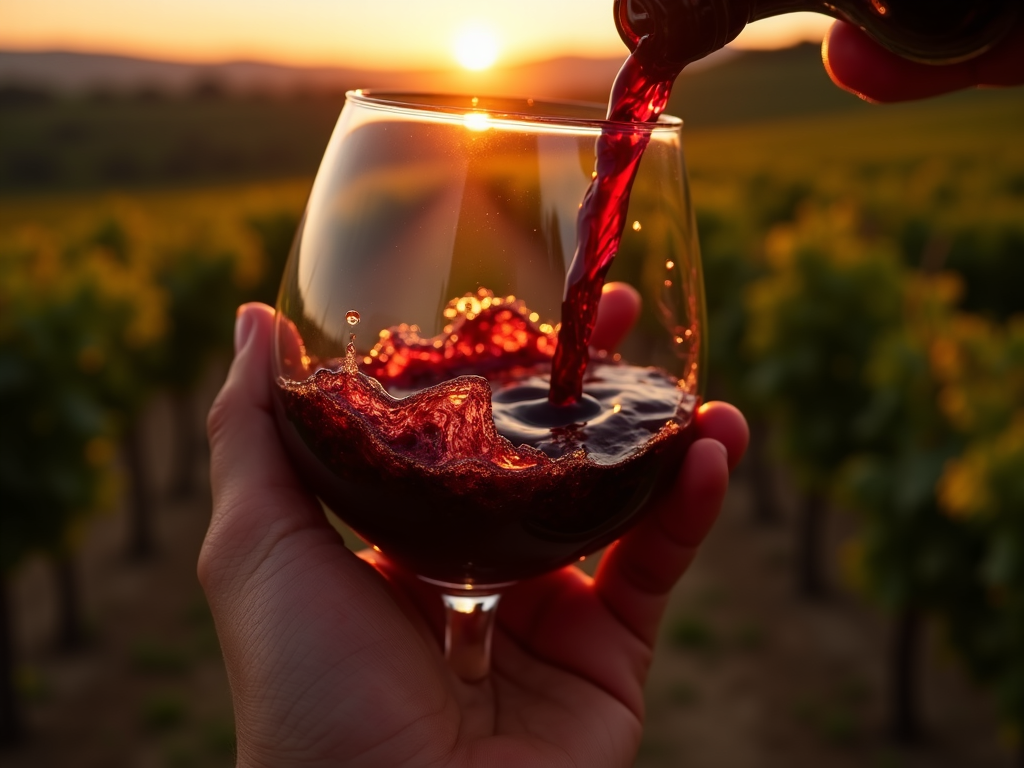Hand swirling a glass of red wine with a vineyard backdrop.