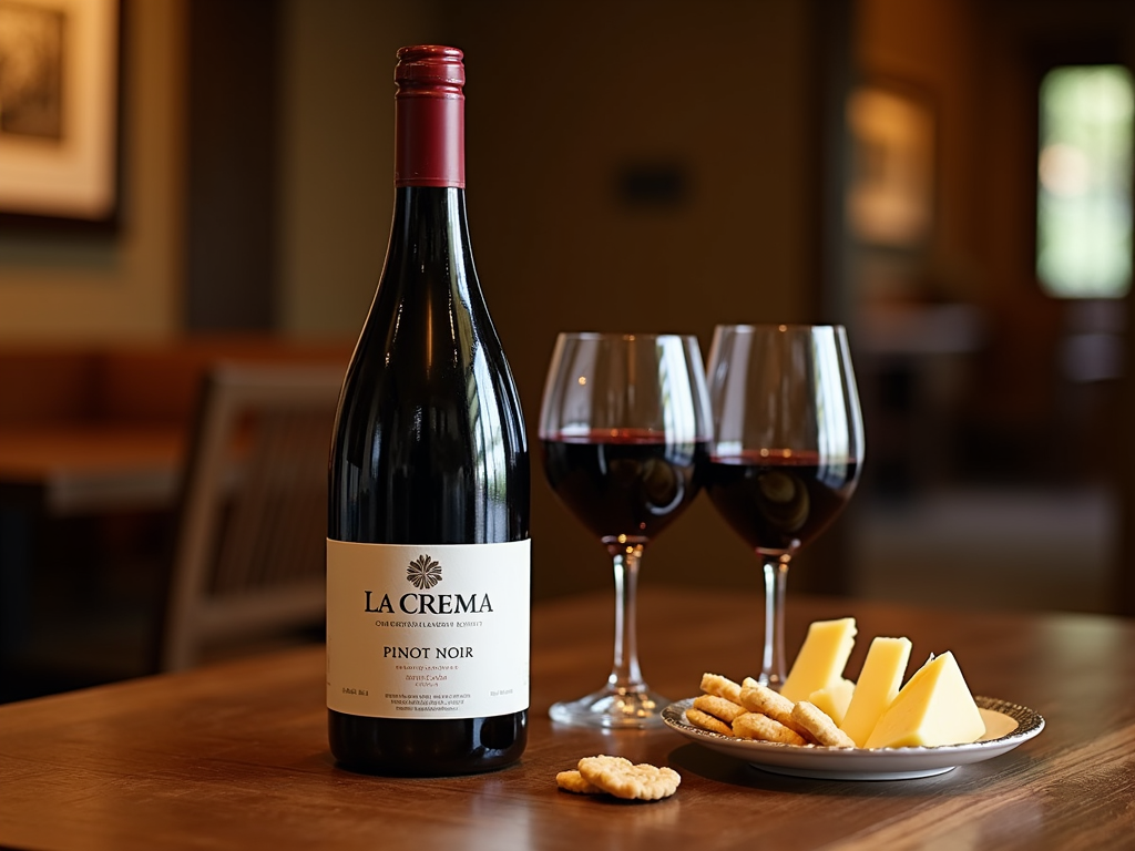 Table with La Crema Pinot Noir and snacks