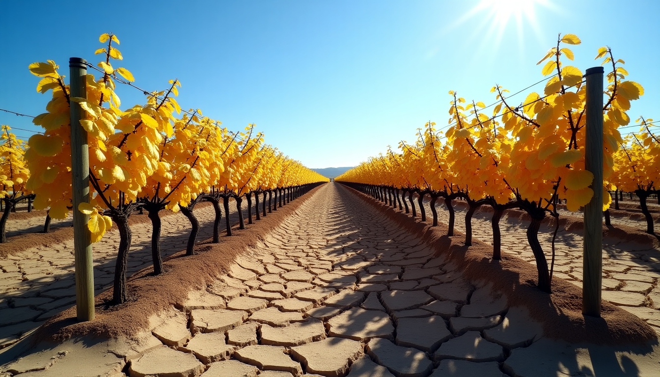 A drought-affected vineyard showing the impact of climate change on viticulture.