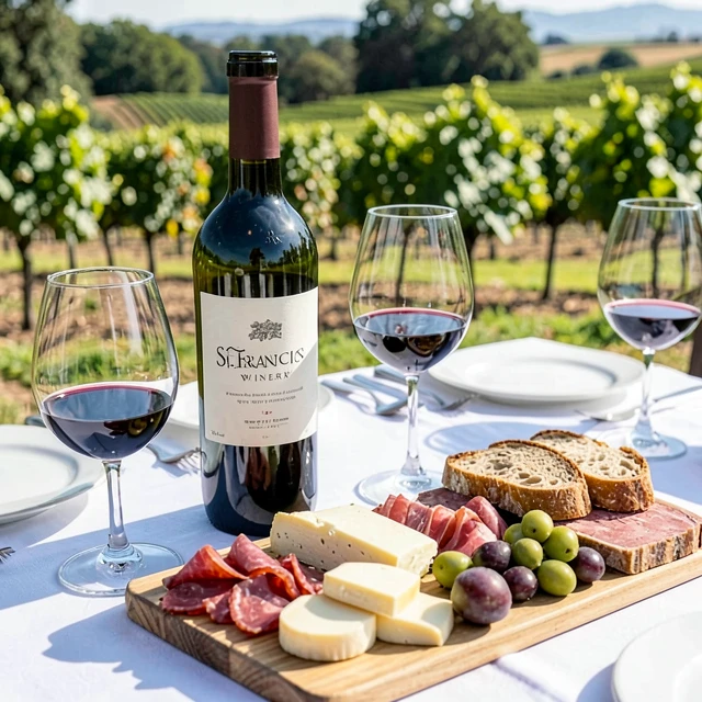 Wine and food pairing spread at St. Francis Winery with Sonoma Valley views