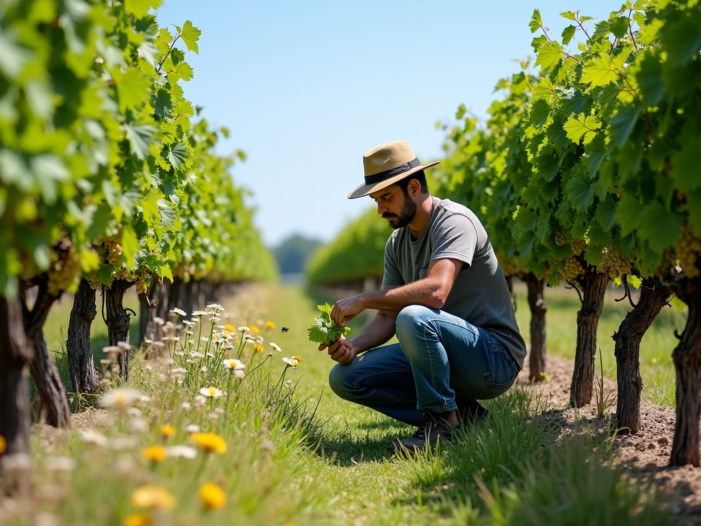 Vineyard worker tending organic vines