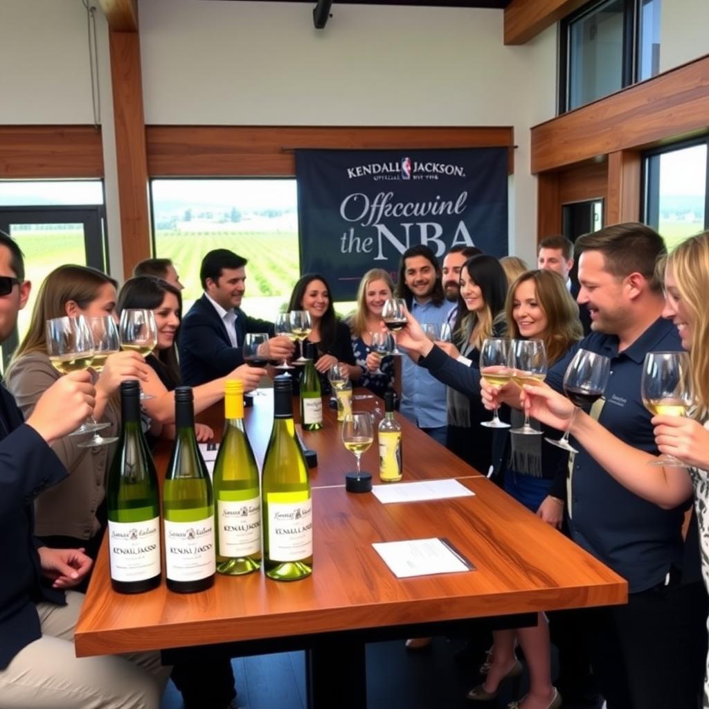 Wine tasting event with Kendall-Jackson bottles and an NBA sponsorship banner