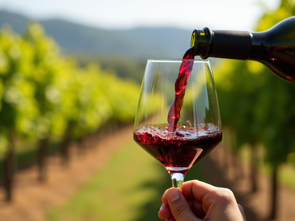 Pouring wine with a vineyard view.